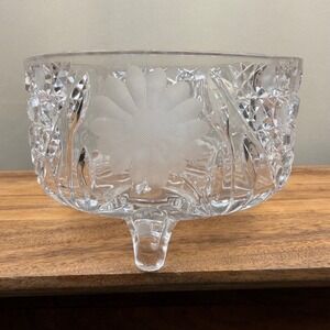 Bohemian Czech Republic Cut Crystal Footed Bowl Frosted Floral Daisy 7.25 Inch
